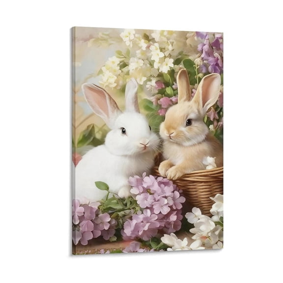 Framed Easter Bunny Wall Art, Cute Rabbit Wall Decor Paintings, Vintage Flowers Oil Painting Canvas Print, Rustic Farmhouse Spring Easter Decor for Living Room Bedroom Nursery