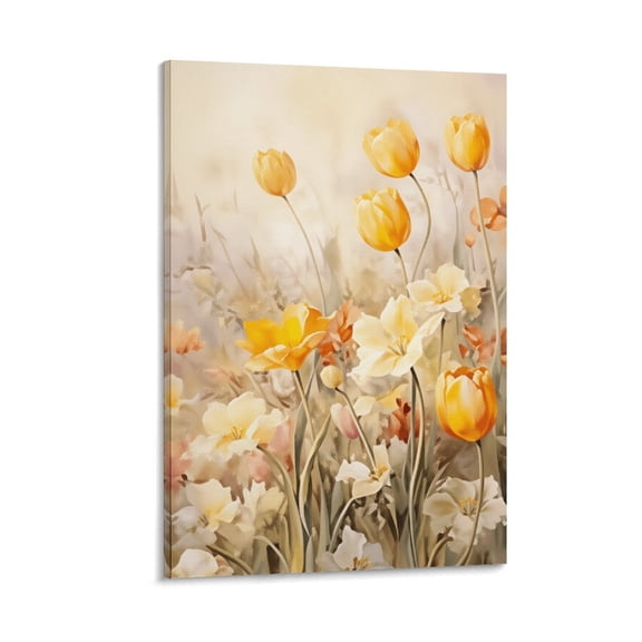 Framed Easter Canvas Wall Art, Rustic Spring Wildflowers Field Picture Wall Decor, Yellow Flowers Landscape Painting,Ready To Hang Poster