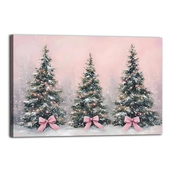 Framed Elegant Coquette Christmas Tree Art Print with Pink Bow, Winter Pine Tree Forest Painting,Holiday Home Decor for Living Room Bedroom Farmhouse Christmas Decoration,Ready to Hang Christmas Art