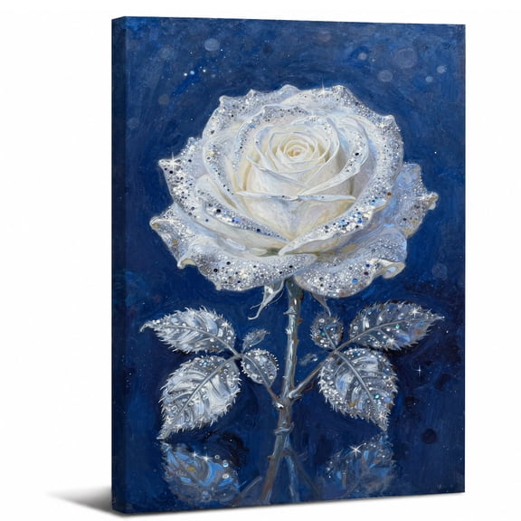 Framed Elegant White Rose Canvas Wall Art Decor,Night Sky Botanical Print Silver Leaves Star Accents canvas print for bathroom bedroom living room