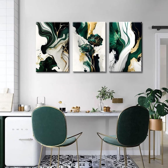 Framed Emerald Green Canvas Wall Art 3 Panels Modern Green and Gold Abstract Marble Prints Decorative Accent for Living Room Bedroom Office