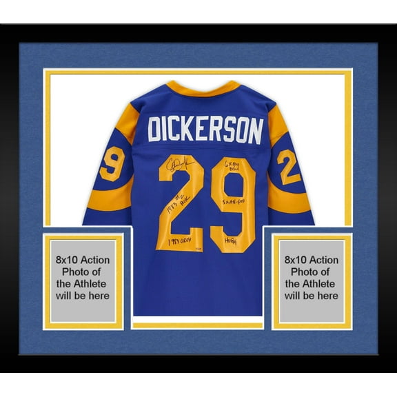 Framed Eric Dickerson Los Angeles Rams Autographed Mitchell & Ness Royal Authentic Jersey with Multiple Inscriptions - Limited Edition of 29 - Fanatics Authentic Certified