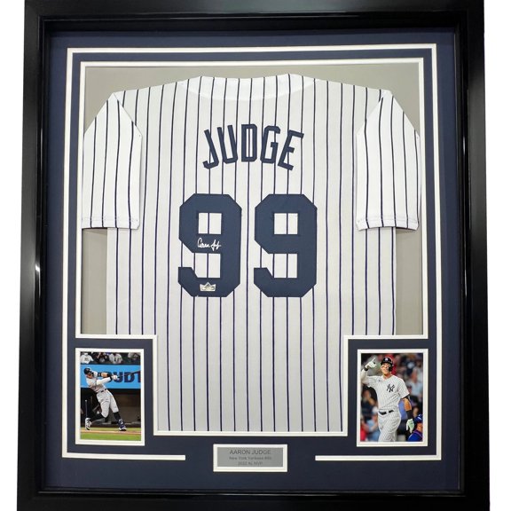 Framed Facsimile Autographed Aaron Judge 35x39 New York Pinstripe Reprint Laser Auto Baseball Jersey
