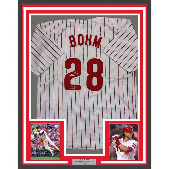Framed Facsimile Autographed Alec Bohm 35x39 Philadelphia Pinstripe Reprint Laser Auto Baseball Jersey