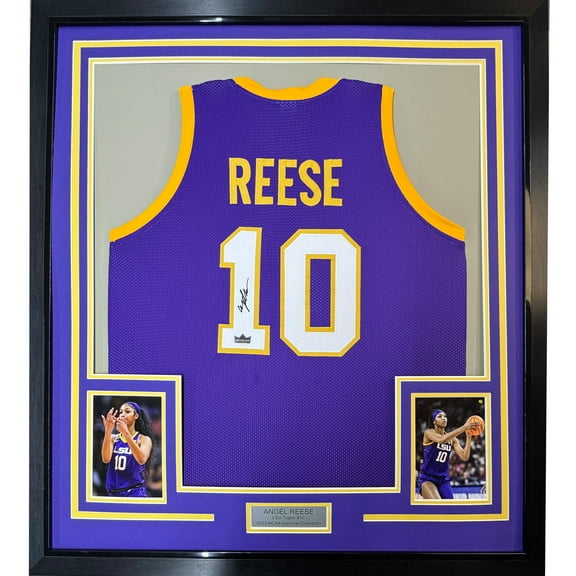 Framed Facsimile Autographed Angel Reese 35x39 LSU Purple Reprint Laser Auto College Basketball Jersey