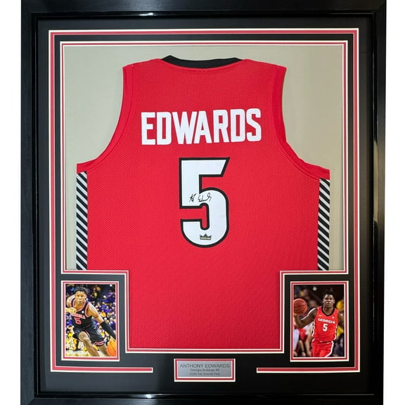 Framed Facsimile Autographed Anthony Edwards 35x39 Georgia Red Reprint Laser Auto College Basketball Jersey