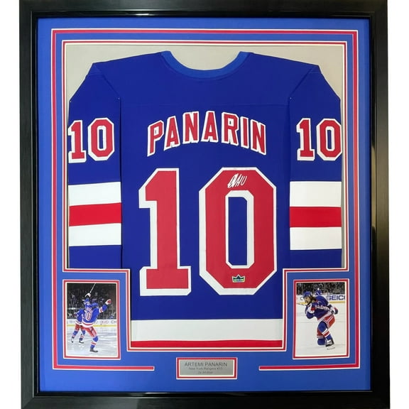 Framed Facsimile Autographed Artemi Panarin 35x39 New York Blue Reprint Laser Auto Hockey Jersey