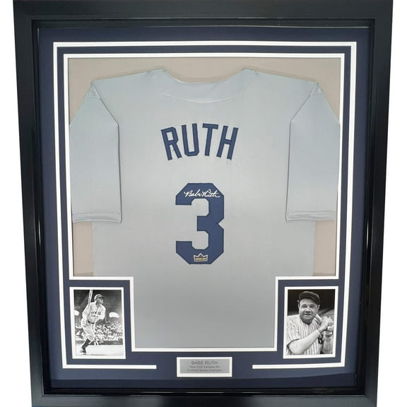 Framed Facsimile Autographed Babe Ruth 35x39 New York Grey Reprint Laser Auto Baseball Jersey Size Men's XL