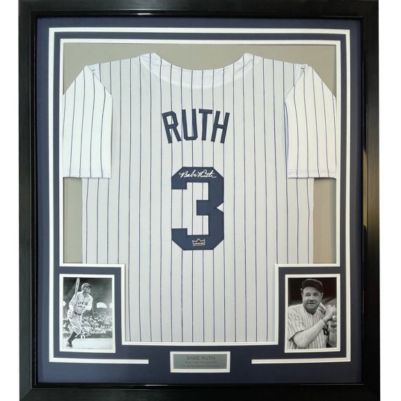 Framed Facsimile Autographed Babe Ruth 35x39 New York Pinstripe Reprint Laser Auto Baseball Jersey
