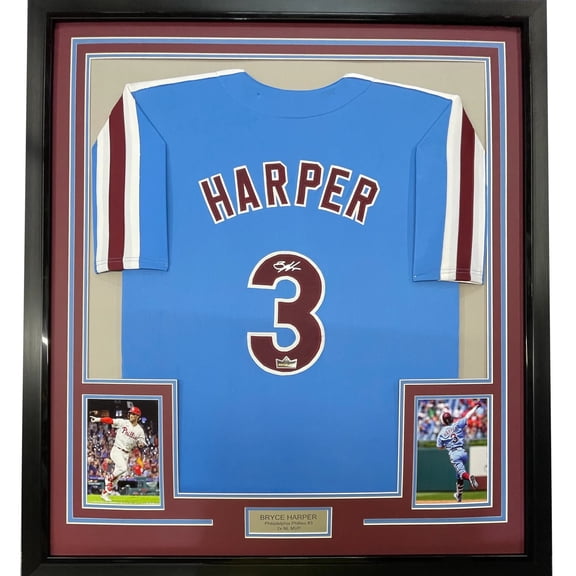 Framed Facsimile Autographed Bryce Harper 35x39 Philadelphia Blue Retro Reprint Laser Auto Baseball Jersey