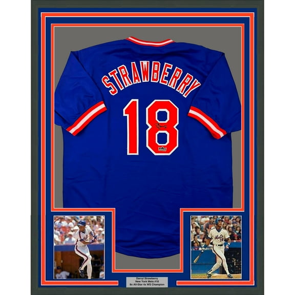 Framed Facsimile Autographed Darryl Strawberry 35x39 New York Blue Reprint Laser Auto Baseball Jersey
