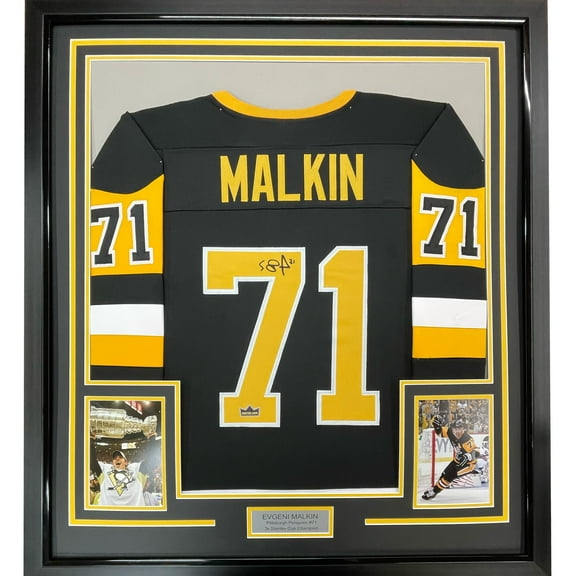 Framed Facsimile Autographed Evgeni Malkin 35x39 Pittsburgh Black Reprint Laser Auto Hockey Jersey