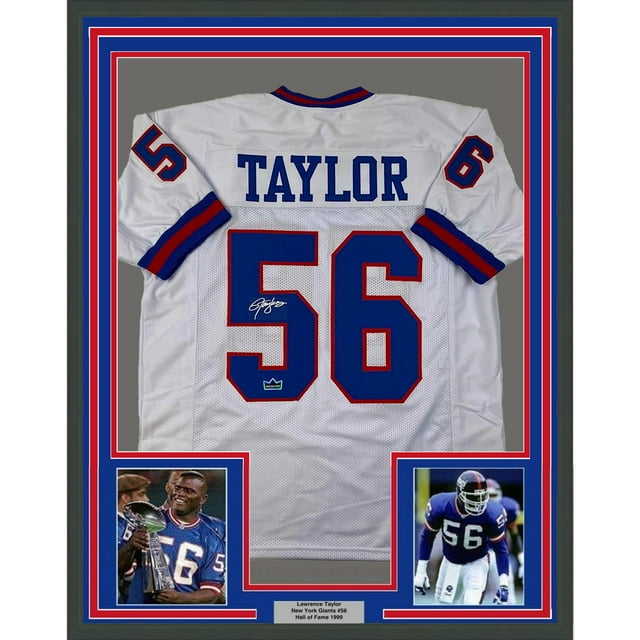 Framed Facsimile Autographed Lawrence Taylor 35x39 New York White Reprint Laser Auto Football Jersey