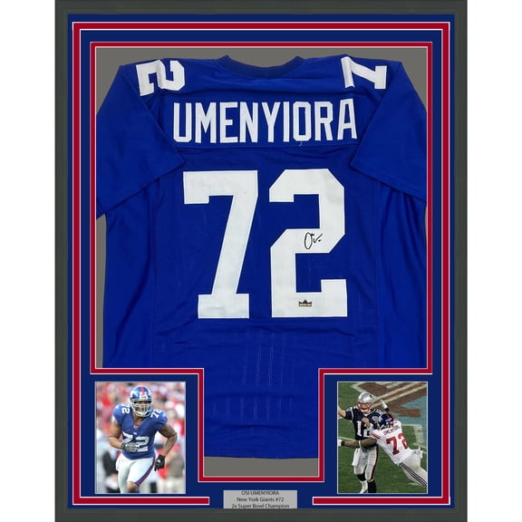 Framed Facsimile Autographed Osi Umenyiora 35x39 New York Blue Reprint Laser Auto Football Jersey