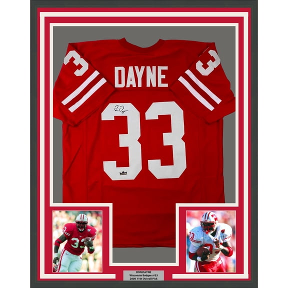 Framed Facsimile Autographed Ron Dayne 35x39 Wisconsin Red Reprint Laser Auto College Football Jersey