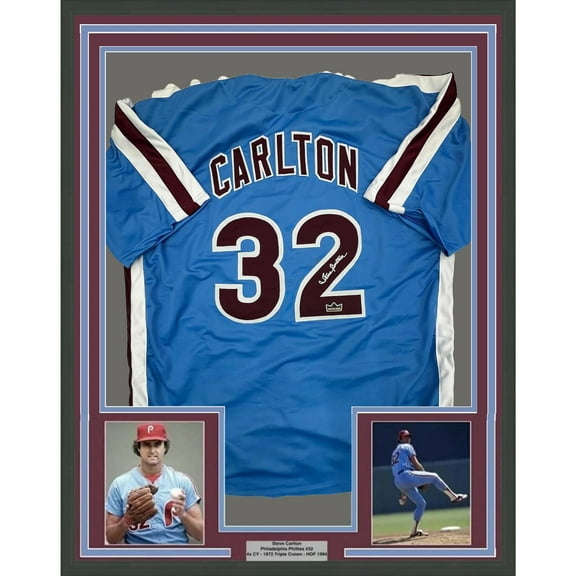 Framed Facsimile Autographed Steve Carlton 35x39 Philadelphia Blue Retro Reprint Laser Auto Baseball Jersey