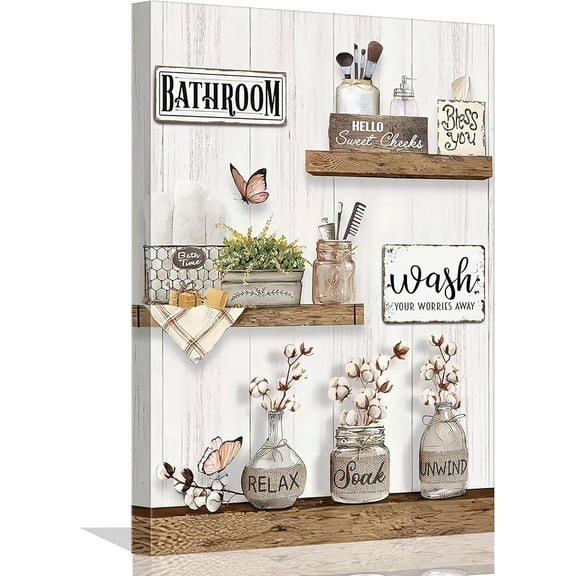 Framed Farmhouse Bathroom Wall Art Pictures Rustic Bathroom Flower and Butterfly Canvas Prints Country Bathroom Poster Soak Relax Unwind Bathroom Home Wall Decor 12x16in