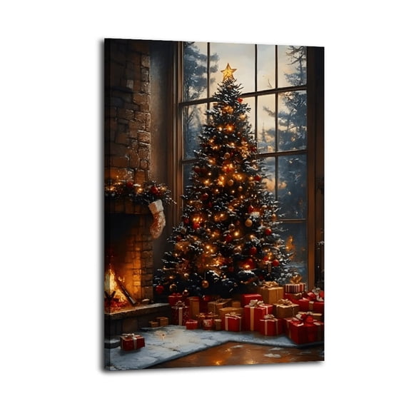 Framed Fireplace Christmas Canvas, Vintage Pine Tree Poster, Xmas Tree Painting,Holiday Home Decor for Living Room Office Farmhouse Christmas Decoration,Ready to Hang Christmas Art