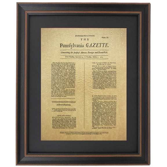 Framed First Edition of Ben Franklin's Pennsylvania Gazette. Replica Prints by Patriot Gear Company