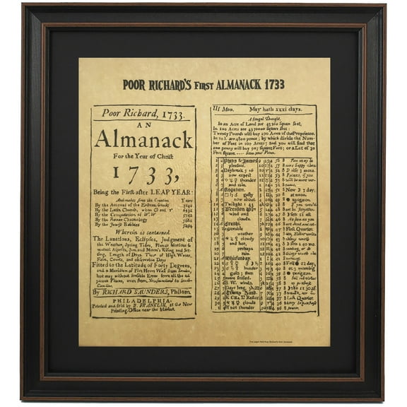 Framed First Poor Richard's Almanack. Replica Historical Prints by Patriot Gear Company