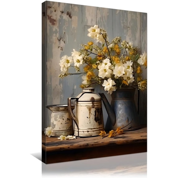 Framed Flower Canvas Print Vintage Room Decor White Jasmine and Rusty Watering Cans on Farmhouse Wood Grain Painting for Living Room Bedroom Home Decor Ready to Hang 12x16in