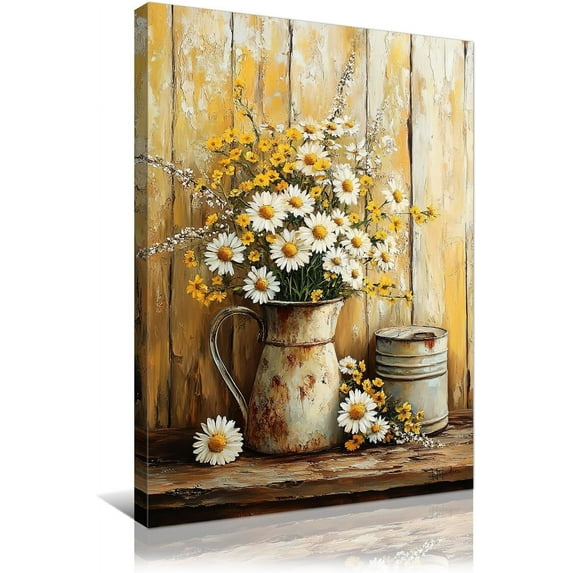 Framed Flower Canvas Wall Art White Yellow Daisy in Rusty Kettle Paintings Rustic Floral in Wooden Wall Background Picture Prints for Living Room Guest Room Bathroom Decor 12x16in