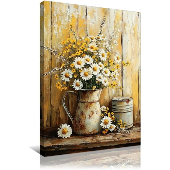 Framed Flower Canvas Wall Art White Yellow Daisy in Rusty Kettle Paintings Rustic Floral in Wooden Wall Background Picture Prints for Living Room Guest Room Bathroom Decor 12x16in