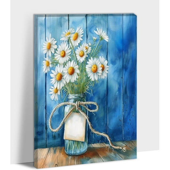 Framed Flower Picture Canvas Wall Art, White Daisy Flowers Pictures Prints, Vintage Farmhouse Flowers Paintings Mason Jar Wall Decor for Living Room Bedroom Bathroom Kitchen Artwork 12x18 Inch