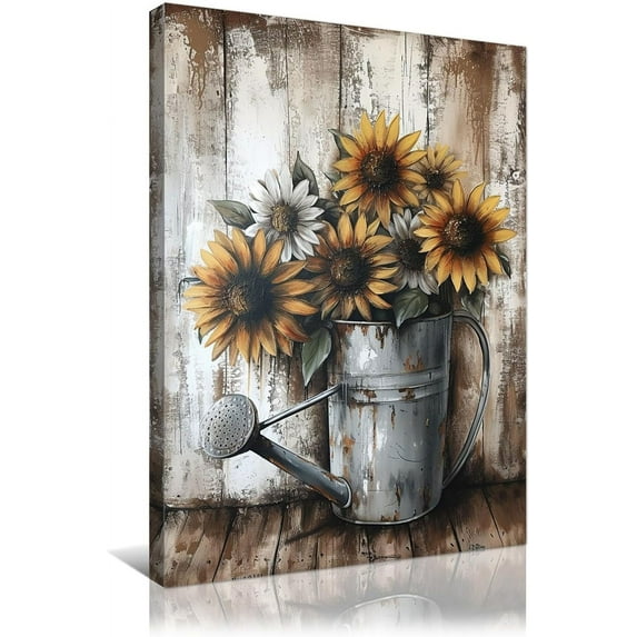 Framed Flowers Canvas Wall Art Yellow Sunflower and Rusty Watering Can on Vintage Wood Grain Picture Prints for Living Room Bedroom Home Decor Ready to Hang 12x16in