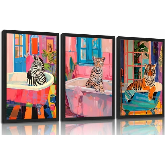 Framed Funky Bathroom Animal Wall Art set of 3, Tiger Leopard Zebra in Bathtub pictures Wall Decor, Pink Kitsch Aesthetic Animal Eclectic Posters Print Artwork for Restroom Bathroom