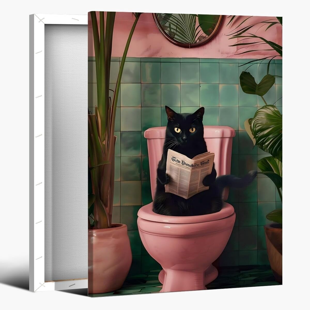 Framed Funny Black Cat Bathroom Wall Art Cute Pets Cat Reading ...