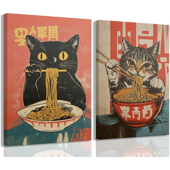 Framed Funny Black Cat Canvas Wall Art Set of 2, Vintage Japanese Cat Eating Ramen Poster, Unique Gifts and Cat Lover Printing Picture, for Living Room Kitchen Dining Room Wall Decor 12x16in