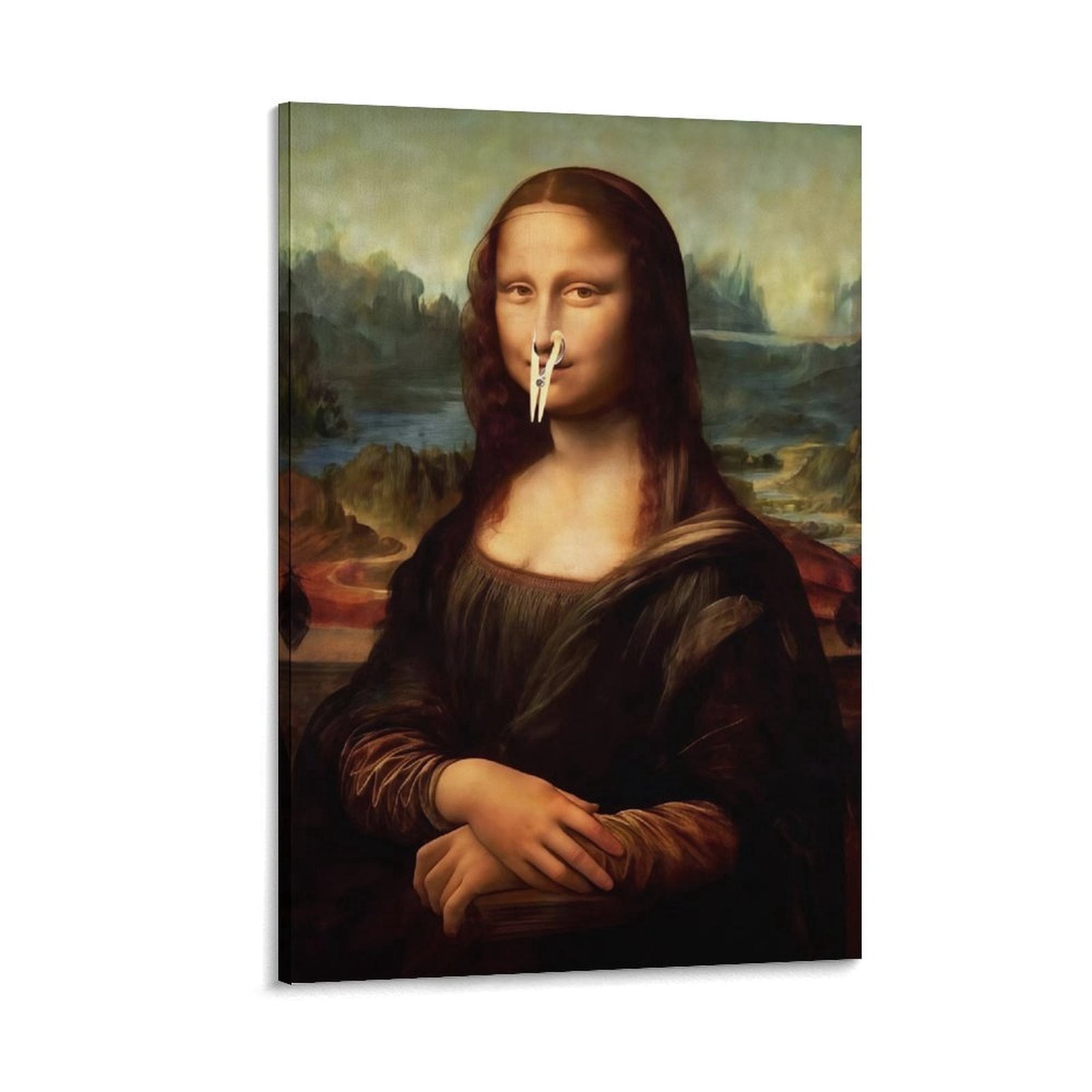 Framed Funny Vintage Mona Lisa Canvas Wall Art - Pinching Nose Toilet ...