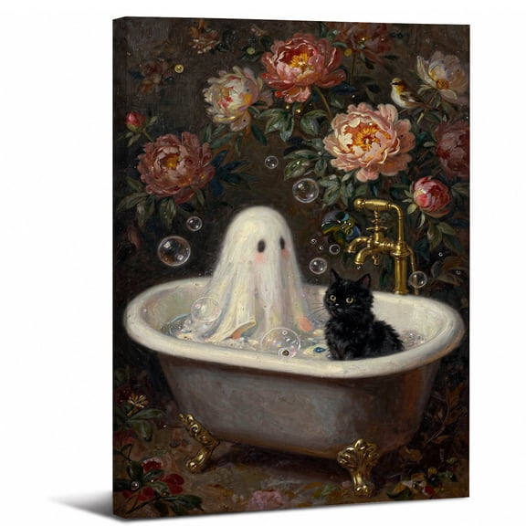 Framed Ghost in Bathtub Canvas Wall Art,Vintage Clawfoot Tub Floral Peony Halloween canvas print for bathroom bedroom living room decor,8x12in