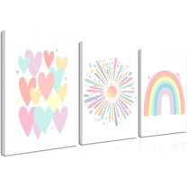 Framed Girls Rainbow Canvas Wall Art Set of 3, Colorful Boho Sun Nursery Wall Decor Painting, Kids Heart Picture Posters Prints for Classroom Kids Room Baby Room Bedroom Dorm Decor 12x16 In