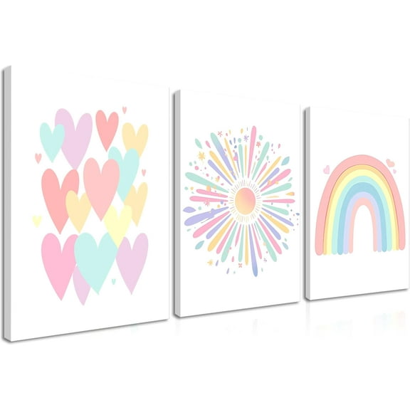 Framed Girls Rainbow Canvas Wall Art Set of 3, Colorful Boho Sun Nursery Wall Decor Painting, Kids Heart Picture Posters Prints for Classroom Kids Room Baby Room Bedroom Dorm Decor 12x16 In