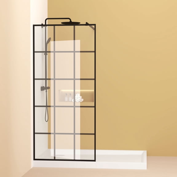 Framed Glass Shower Screen 34 Inch Width by 72 Inch Height with Silk Printed Tempered Glass Matte Black Aluminum Frame Adjustable Support Bar for Small Bathrooms Waterproof Doorless Design