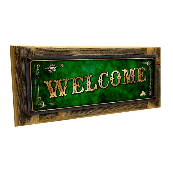 Framed Green Welcome 4"x12" Metal Sign, Wall Décor for Home and Office