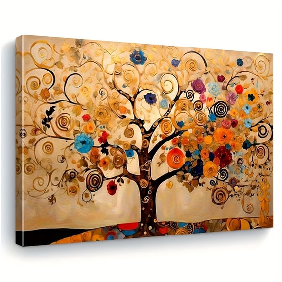 Framed Gustav Klimt Tree of Life Canvas Art Poster - Ornate Style Wall Decor with Recycled Wood Frame, Vibrant Colors & High-Gloss Finish, Perfect for Office, Cafe, Bathroom,