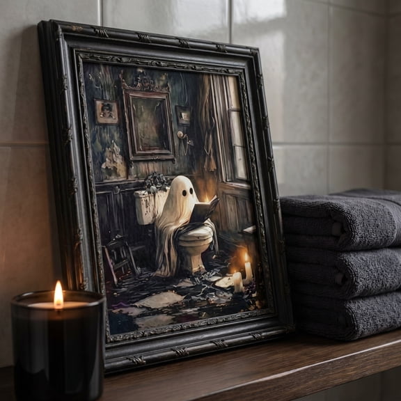 Framed Halloween Ghost Bathroom Wall Art, Moody Gothic Halloween Canvas Print, Antique Framed Ghost Bathroom Picture for Bathroom Wall Ornament
