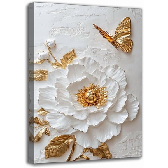 Framed Hand Painted Creamy Textured Canvas Wall Art Elegant Floral Wall Decor Art Minimalist Butterfly Artwork White and Gold Flower Oil Painting for Home Office (8W X 12L)
