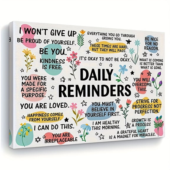 Framed Inspirational Quote Canvas Print - "Daily Reminders" with Motivational Phrases, Floral & Star Designs, Perfect for Home & Office Decor, Ideal for Living Room, Bedroom, Dining Area - Great Gift