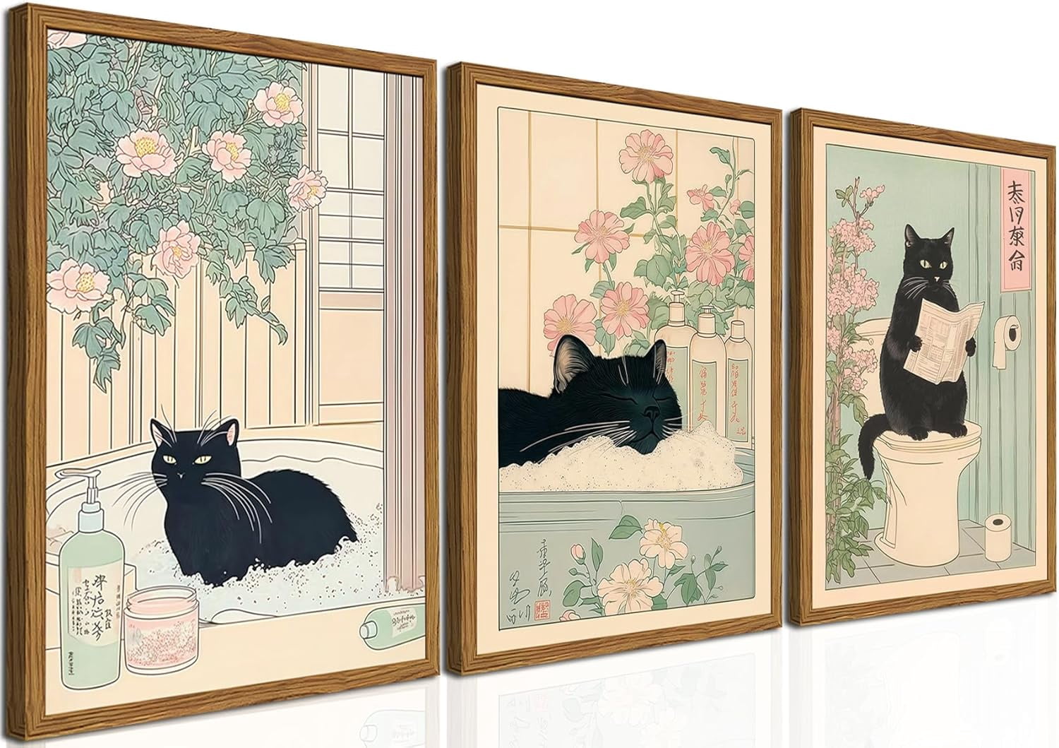 Framed Japanese Bathroom Wall Art Set of 3, Cute Tabby Cat Fox and Frog ...