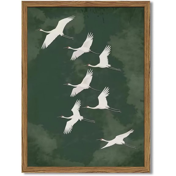 Framed Japanese Flying Cranes Wall Art, Vintage Bird Pictures Wall Decor Paintings, Rustic Nature Animal Canvas Prints Minimalist Home Decor for Living Room Bedroom Office Zen 12x16 inch