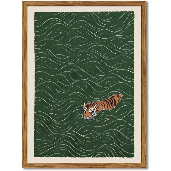 Framed Japanese Tiger Wall Art, Vintage Tiger Swimming Pictures Wall Decor, Funny Wild Animal Paintings Canvas Prints Eclectic Home Decor for Living Room Bedroom Bathroom 12x16 inch