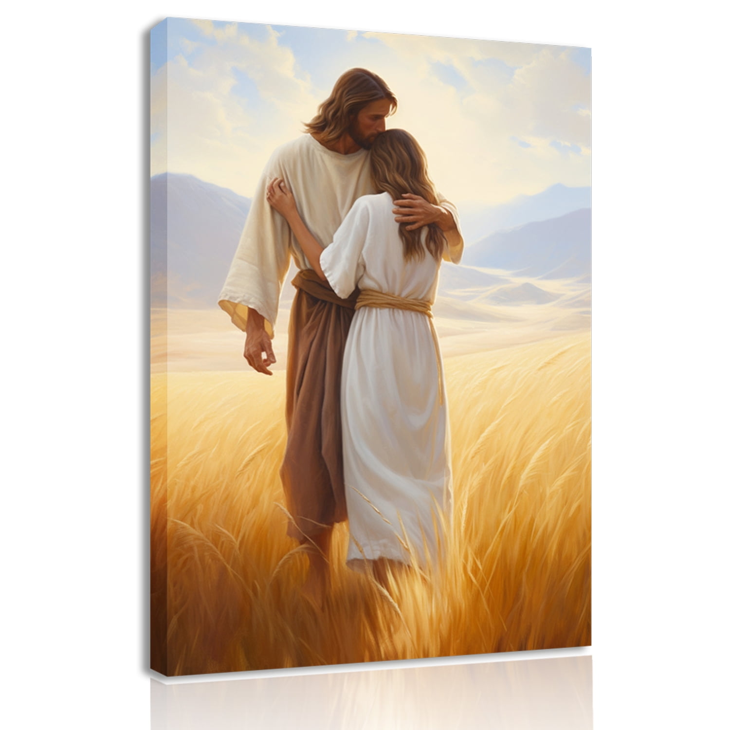 Framed Jesus Canvas Wall Art Jesus Embracing Woman Safe in His Arms Wall Decor Picture Christian Paintings Prints Jesus Christ Poster for Bedroom Living Room Dining Room Home Decoration