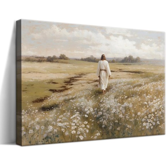Framed Jesus Wall Art, Christian Jesus Walking In Field Canvas Wall Decor Painting, Vintage Landscape Scripture Religion Artwork Prints Pictures for Church Prayer Room Living Room 12x16 Inch
