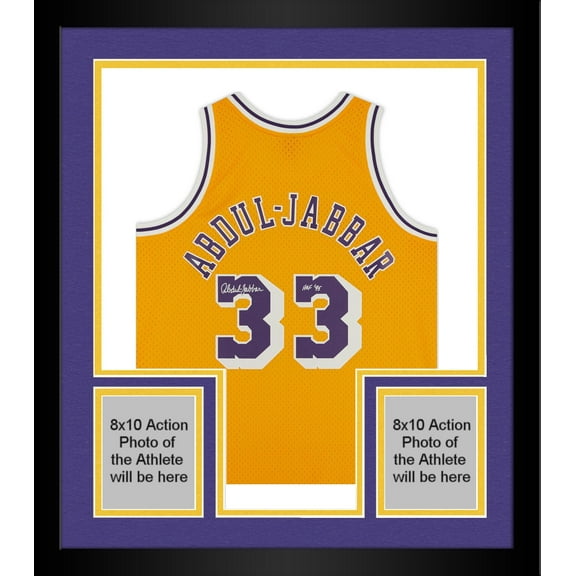 Framed Kareem Abdul-Jabbar Los Angeles Lakers Autographed Mitchell & Ness Gold 1984-85 Swingman Jersey with "HOF 95" Inscription - Fanatics Authentic Certified