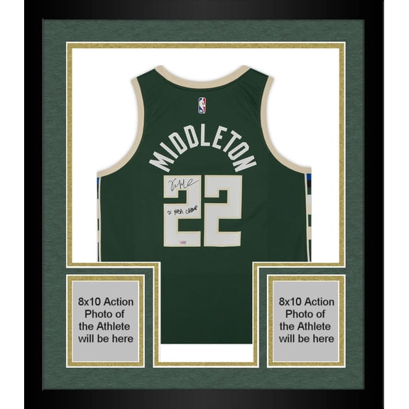 Framed Khris Middleton Milwaukee Bucks Autographed Green 2020/21 Swingman Jersey with "21 NBA Champ" Inscription - Fanatics Authentic Certified