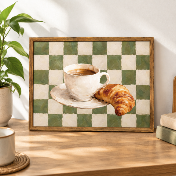 Framed Kitchen Wall Art Vintcoffee Croissant Pictures Decor Green Checkered Foodtings Canvas Prints Rustic Home For Dining Room C